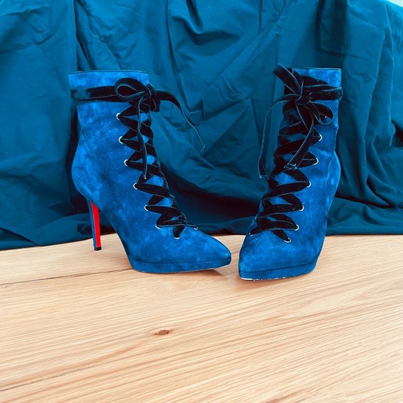 Authentic Christian Louboutin Circus Nana 100 Veau Velour Ankle Boots Marine - Picture 3 of 6